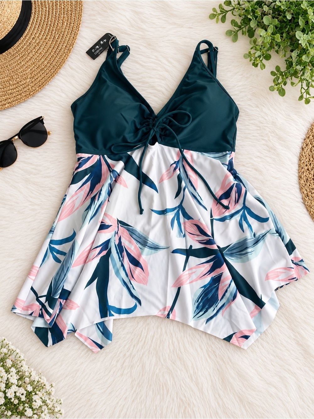 Teal & White Floral V-Neck Camisole Tankini Top